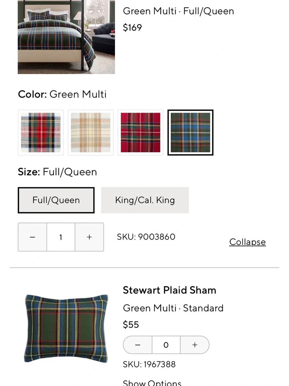 Pottery Barn Green Plaid Tartan Duvet Cover